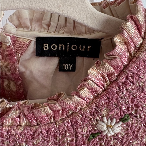 Bonjour Diary Girls Lurex Gingham Ruffle Floral Embroidered Smocked Collar Dress - Picture 3 of 7